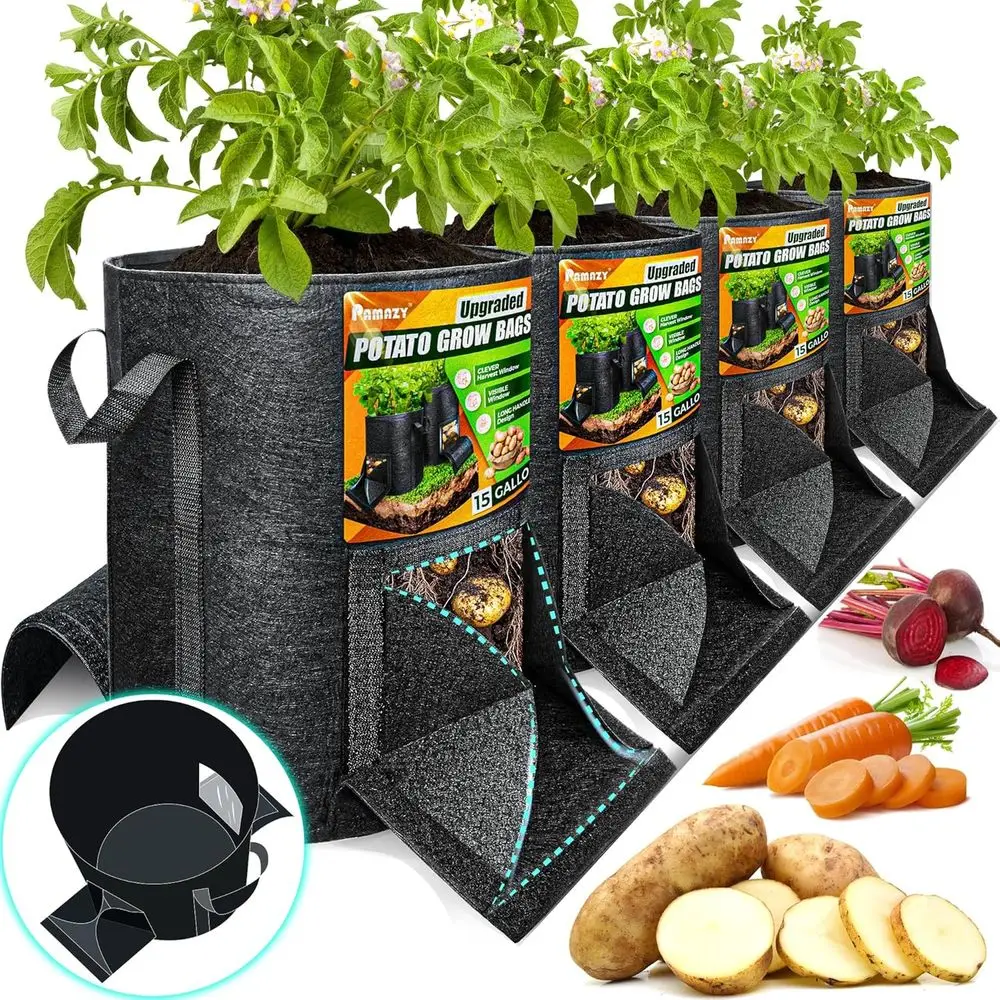 4Pcs 15 Gallon Potato Grow Bags with Unique Harvest Window & Visible Window, Non-Woven Planter Pot with Sturdy Handle, Potato Gr