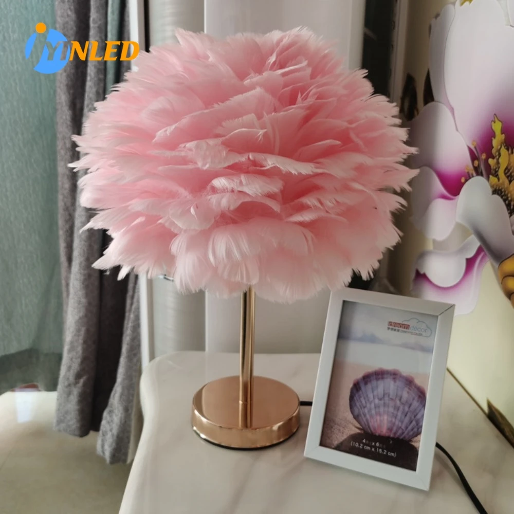 

Romantic Gift Feather Table Lamp Bedroom Bedside Living Room Coffee Decorative Lights Valentine's Day golden Rod Desk Light