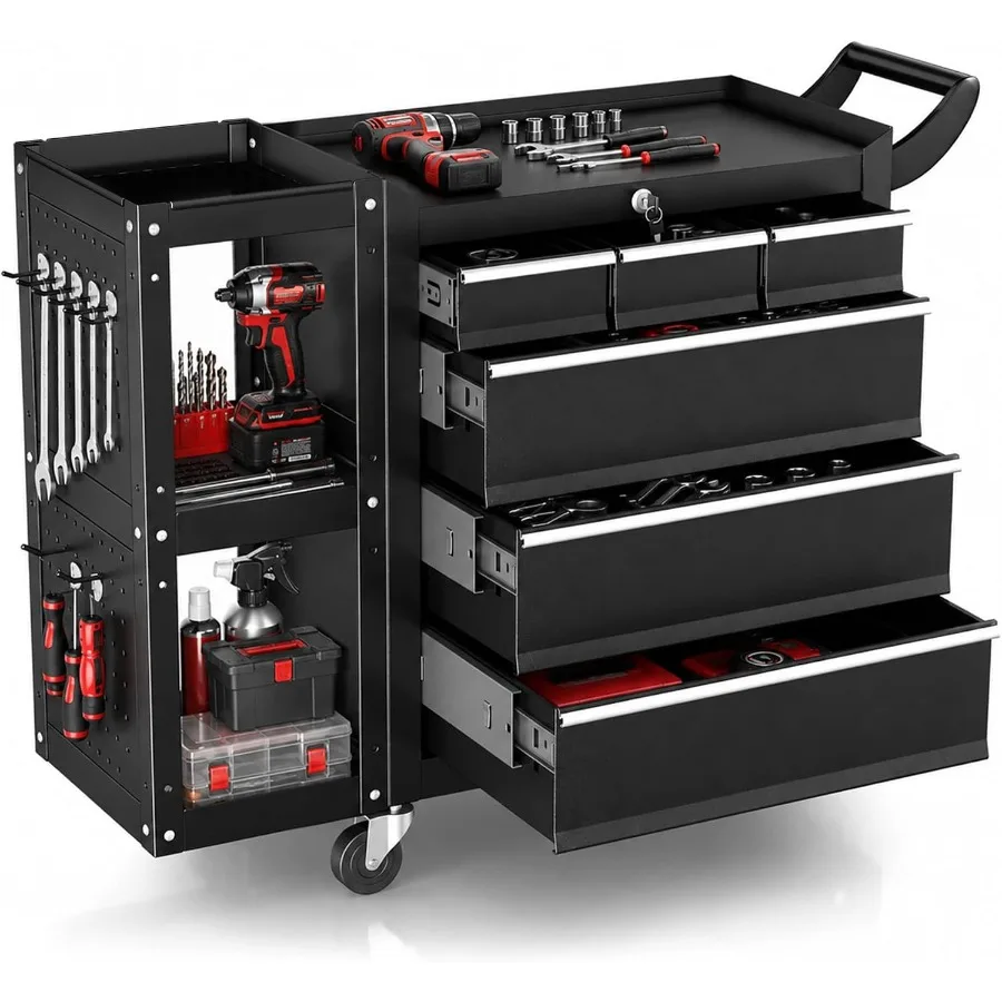 6-Drawer Rolling Tool Chest, 2-in-1 Tool Box on Wheels with Lockable Steel Garage, Tool Cart Storage with Additional Cabinet fo