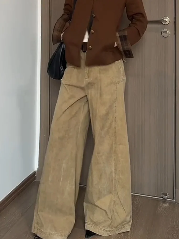 Retro American Washed Yellow Denim Pants High Waist Distressed Split Slimming Floor-Length Trousers for Women Outdoor Wear
