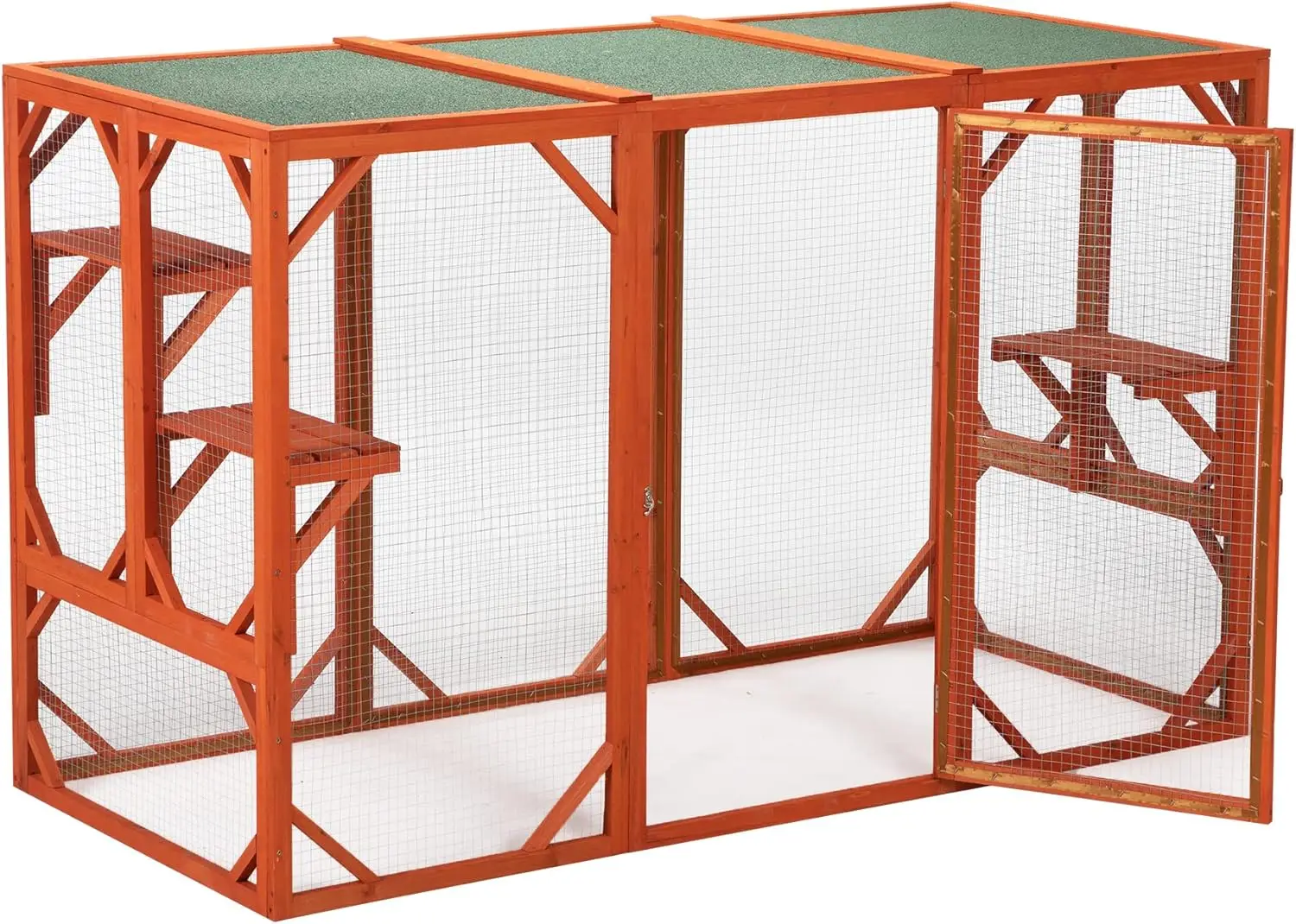 Wooden Cat House, Outdoor Cat Cage With Water-Proof Asphalt Planks And Cat Perches, Orange