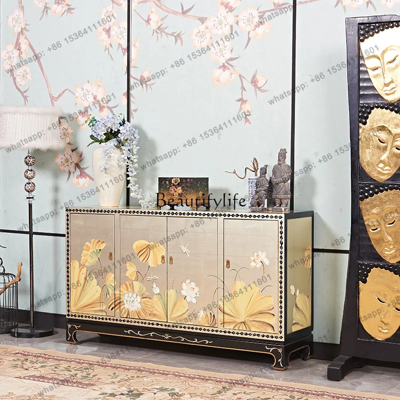 LX Modern New Chinese Entry Door Champagne Silver Porch Cabinet Four Doors Large Size Shoe Cabinet