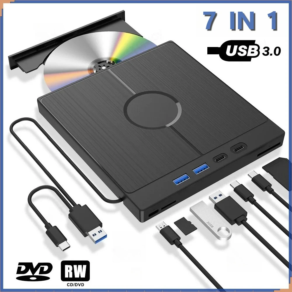 

7-в-1 USB 3.0 Type-C внешний оптический привод CD/DVD RW, проигрыватель, записывающее устройство, многофункциональный привод для ноутбуков, Windows, Mac, ПК