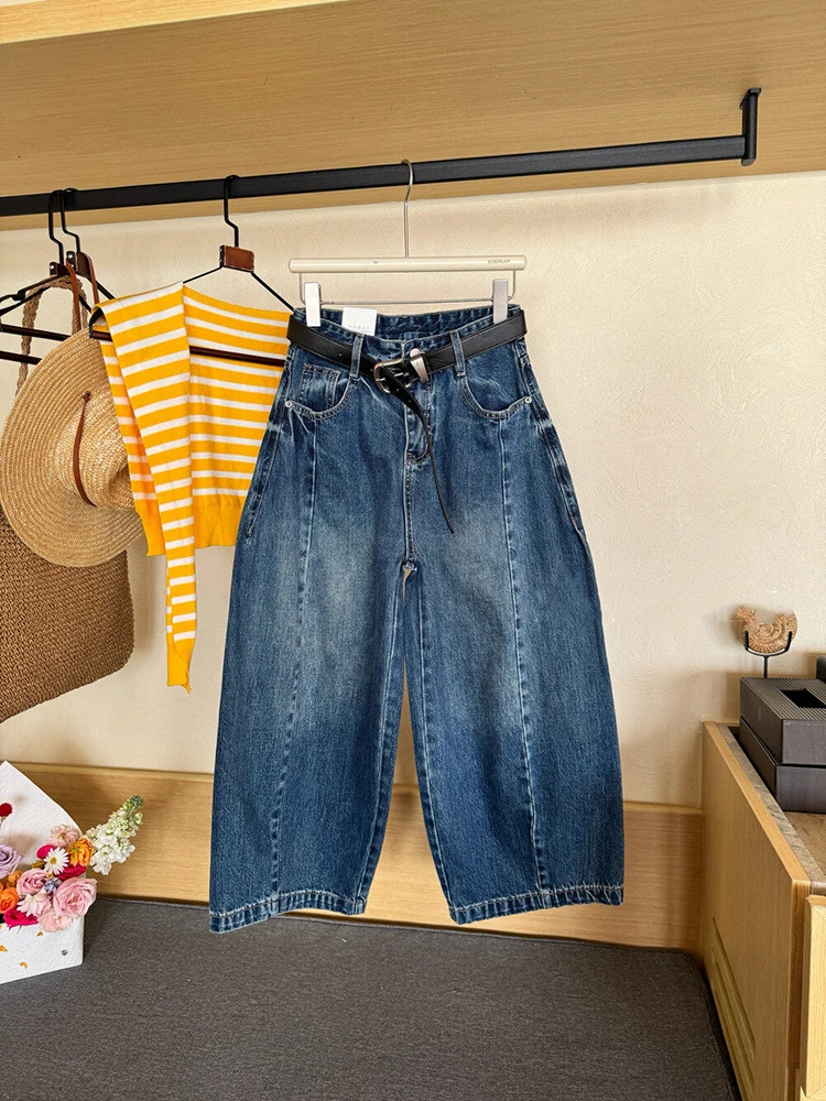 

Y2K Vintage Wide Leg Jeans Washed Aged Eight Point Denim Pants for Women Early Spring
