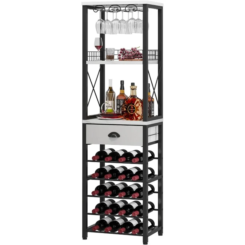 

Wine Rack Freestanding Floor, Bar Cabinet for Liquor and Glasses, 4-Tier bar Cabinet with Tabletop, Glass Holder, Storage