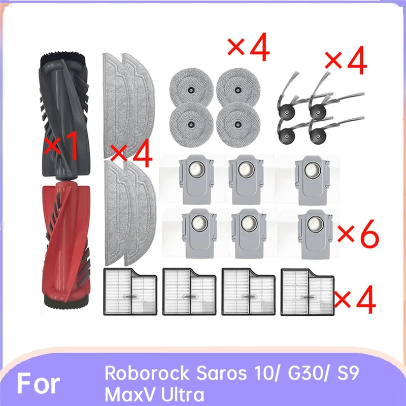 Eas-kit completo de manutenção de 24 peças para roborock saros 10/g30/s9 maxv ultra incluindo filtro hepa, almofada de esfregão, saco de pó, escova lateral