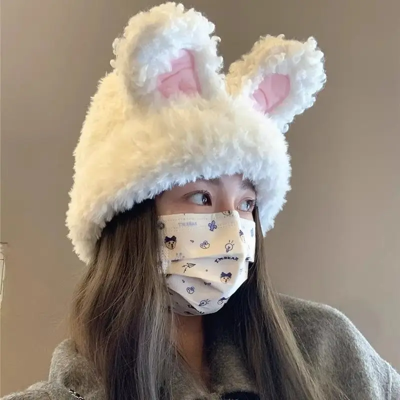 

Online Influencer Cute Fluffy Rabbit Cap with Ears Children's Autumn and Winter Warm Knitted Hat Earmuffs Make Face Look Smaller