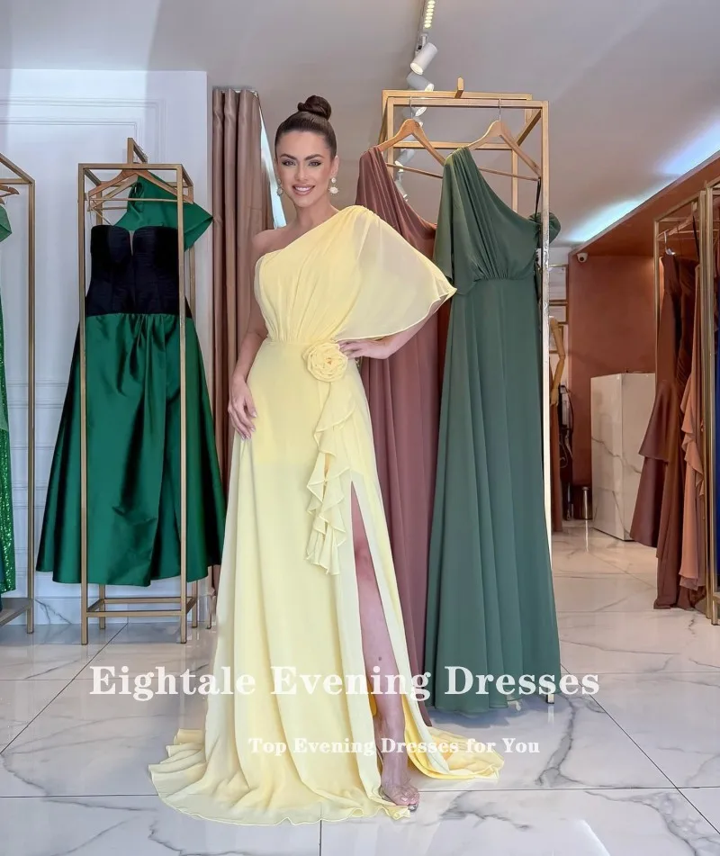 Eightale Arabisches Abendkleid mit einer Schulter, maßgeschneidert, Chiffon, gelb, 3D-Blumen, bodenlang, A-Linie, Abschlussball, Hochzeit, Partykleid