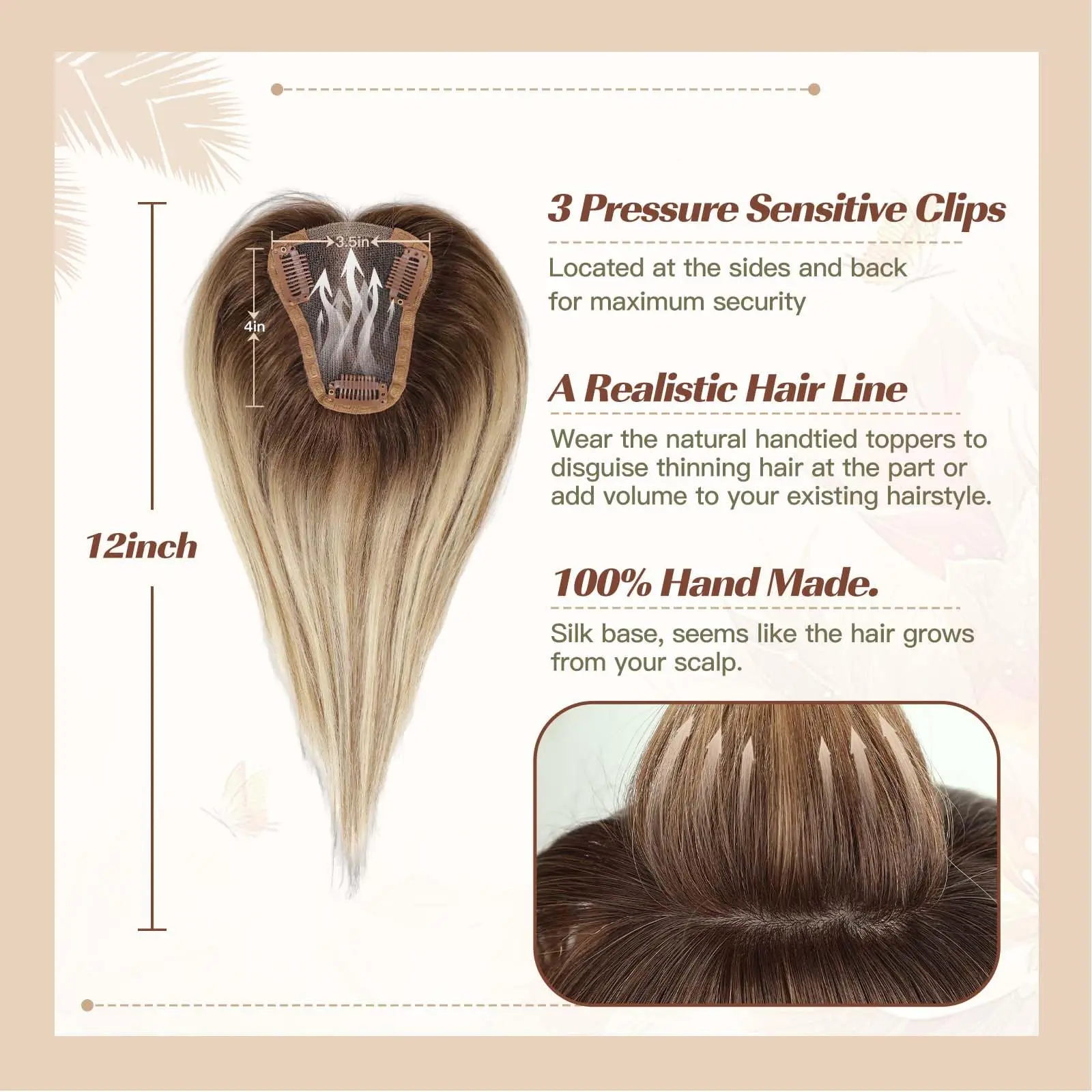 Hair Toppers Blonde Brown Ombre 100% Remy Human Hair Topper HairPieces for Women 150% Density Silk Base 3Clip in Toppers 12inch