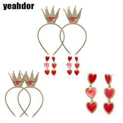 2 Sets Halloween Queen Costume Accessories Crown Hair Hoop Headband with Heart Shape Earrings for Cosplay Party