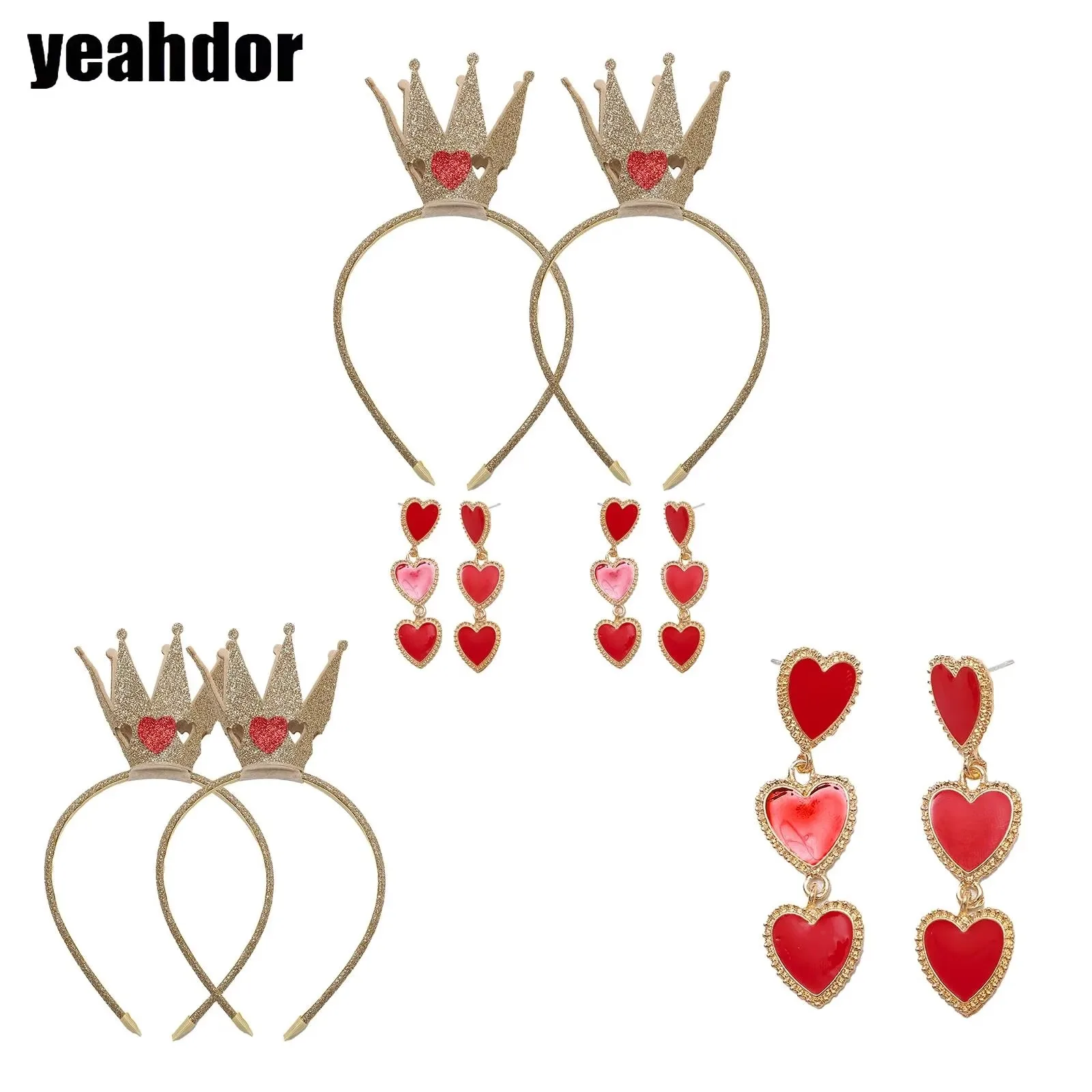 2 Sets Halloween Queen Costume Accessories Crown Hair Hoop Headband with Heart Shape Earrings for Cosplay Party