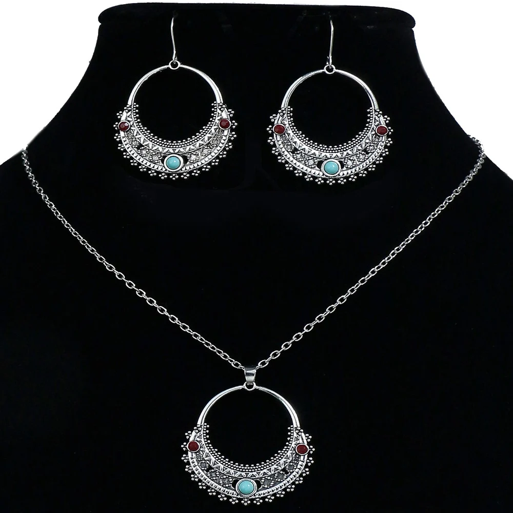 Vintage Natural Stone Necklace Earrings Bracelet Set For Women Ethnic Beads Necklaces Wedding Party Jewelry Sets Pendientes
