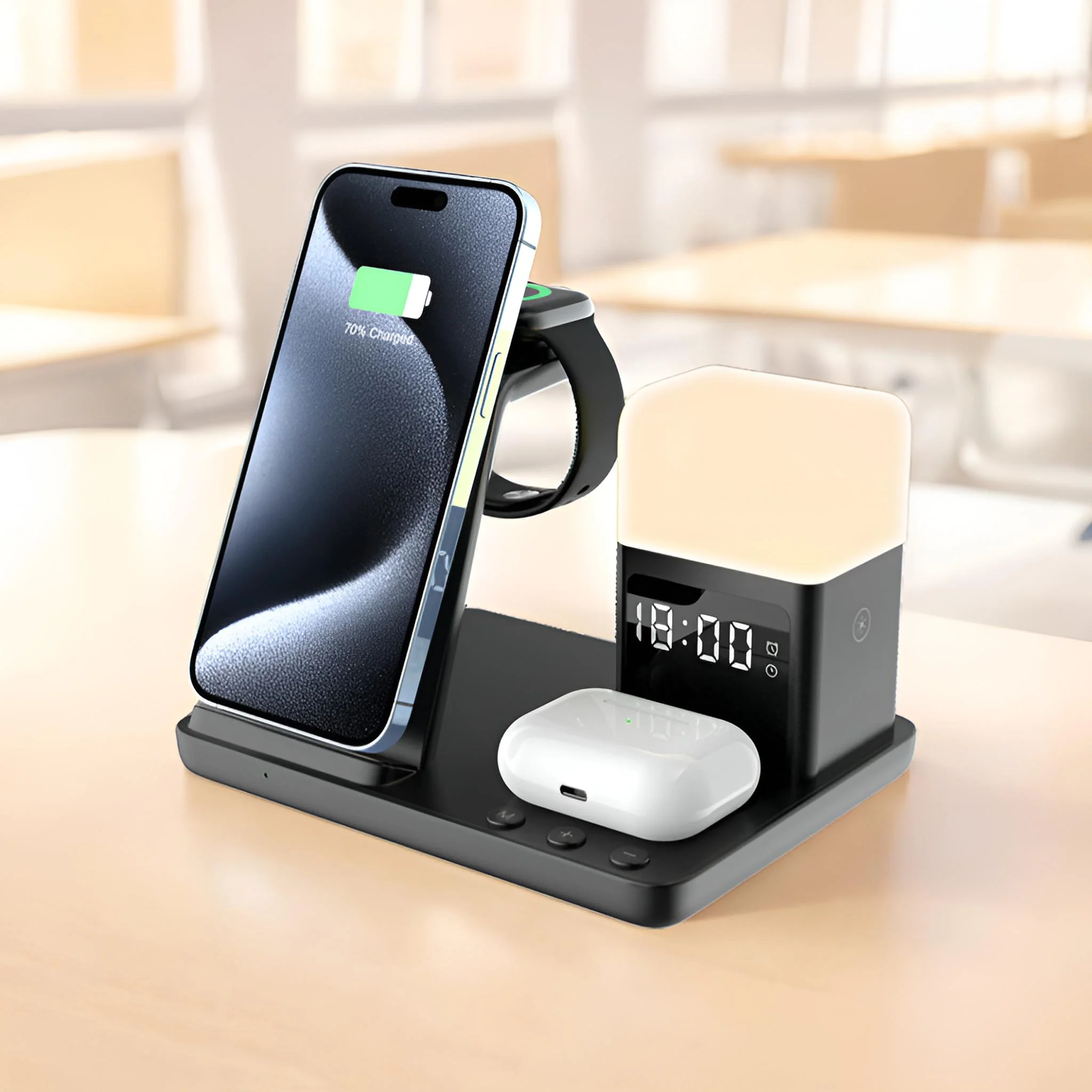 

Беспроводная зарядная станция 6 в 1 с будильником для Apple Watch Ultra 10 9 8 7 6 5 iPhone 16 15 14 13 12 11 Aipods 4 3 Pro
