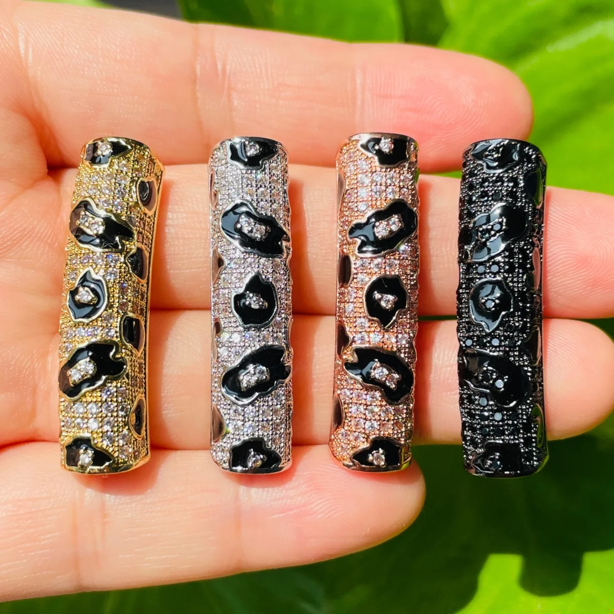 5pcs/lot Black Leopard Print Centerpieces Curved Tube Bar Spacers for Women Bracelet Making Gold-Plate Jewelry Waist Accessory