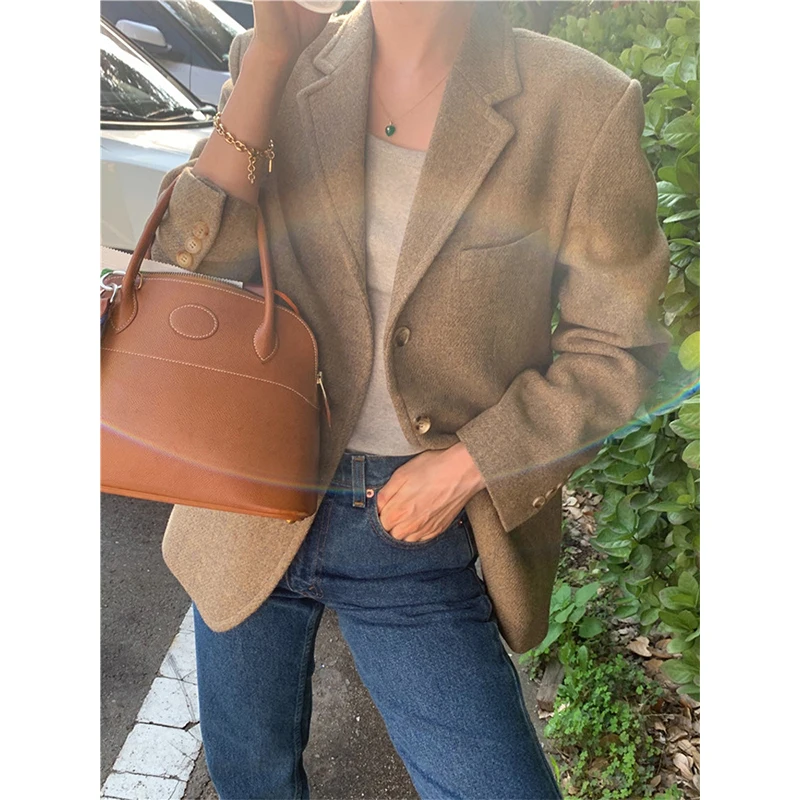 

Женский шерстяной пиджак в ретро-стиле, весенний, однотонный, с длинными рукавами, для офиса и повседневной носки