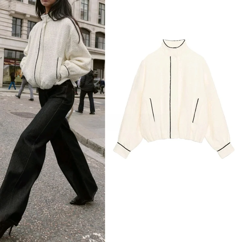 

Autumn Winter New Women's Stand Collar Long Sve Color Blo Trim Structure Pilot Jaet Coat Casual Loose Fit Zipper Closu...