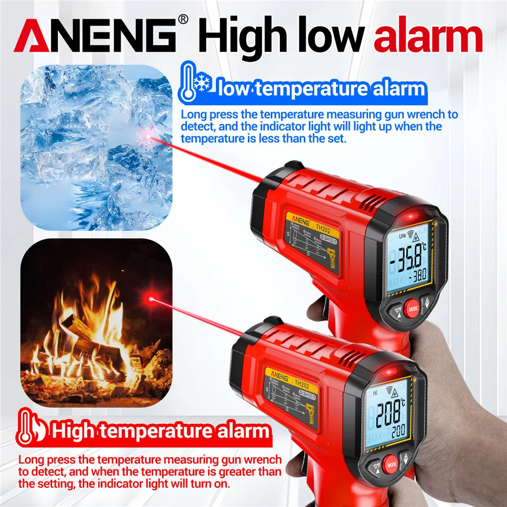 ANENG TH202 เครื่องวัดอุณหภูมิอินฟราเรดการตรวจจับแบบไม่สัมผัส -50~600 ℃   อุณหภูมิปืน LCD Backlit จอแสดงผลหน้าจอ Pyrometer Tester Meter