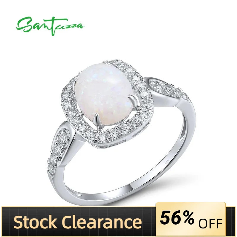 

SANTUZZA Silver Rings For Women Genuine 925 Sterling Silver Sparkling White CZ Created Opal Solitaire Party Gifts Fine Jewelry