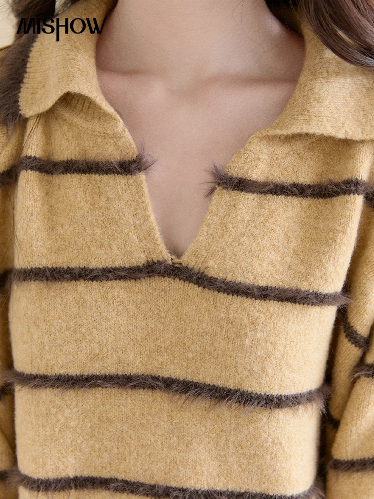 MISHOW femmes fausse fourrure de vison rayé pull 2025 hiver lâche revers gland ourlet épaissi tricots hors foulards MXE93Z2945