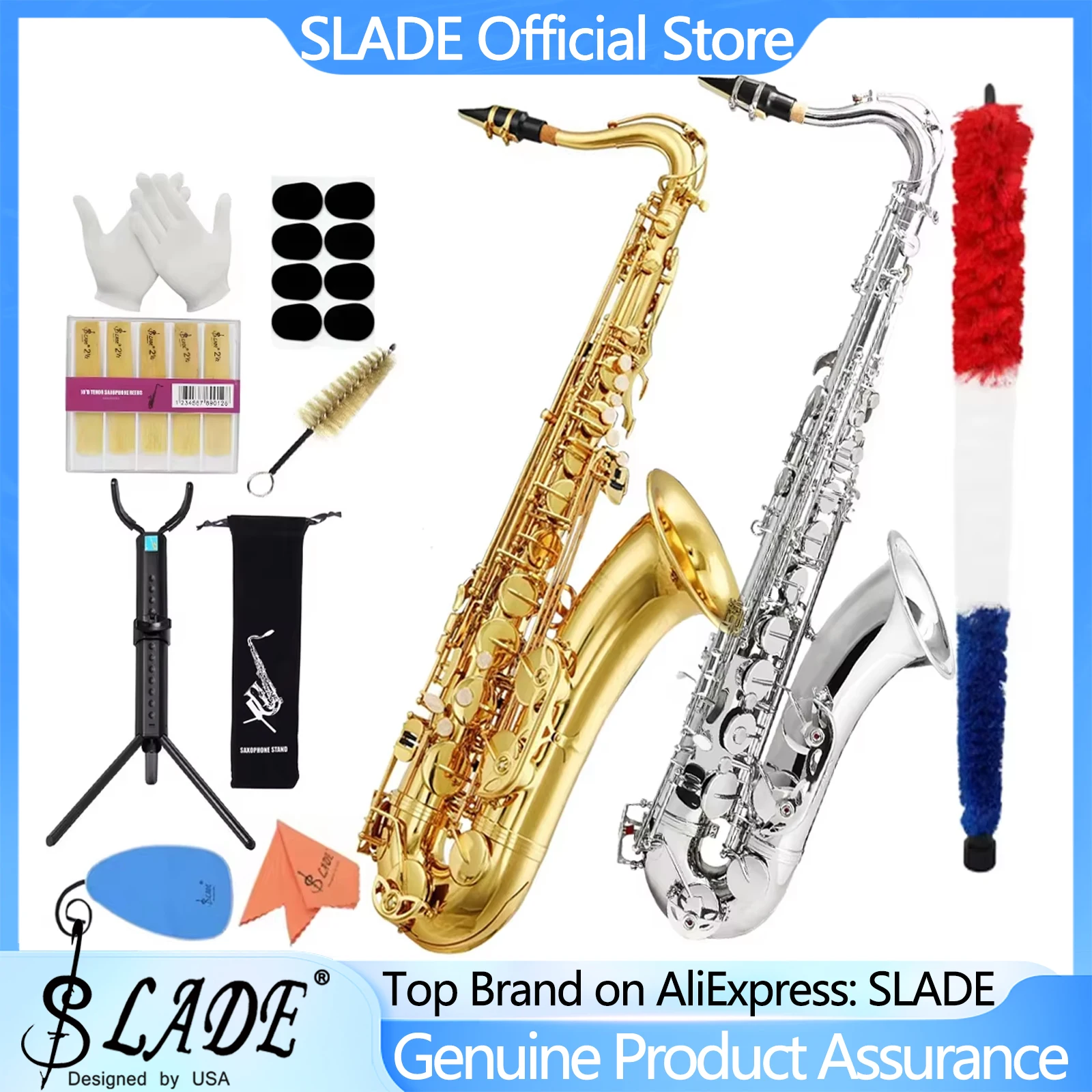 

SLADE Bb Tenor Saxophone Gold/Silver B Flat Tenor Sax Set Woodwind Instrument with Carrying Case Mouthpiece Cleaning Brush Parts