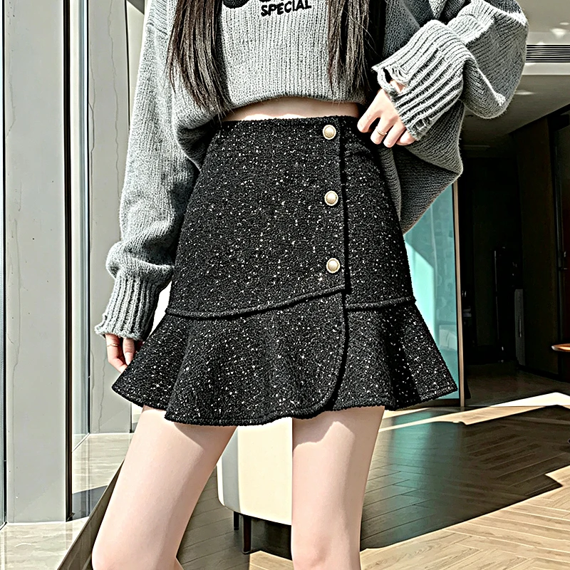 High-End Tweed Sequined Short Skirt For Women Autumn Winter High Waist Irregular A-line Skirt Patchwork Ruffled Fishtail Skirt