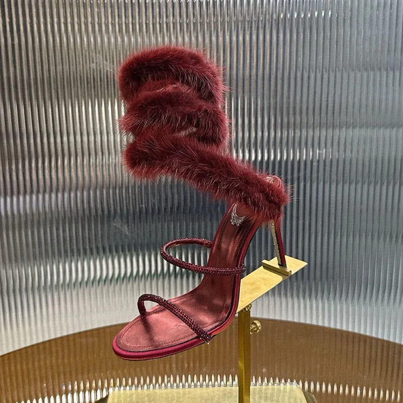 Sandals Women Fur Decor Snake Shaped Elastic Strap Sandalias Rhinestone Decor Thin Heels Wedding Shoes Summer Dress Shoes Pumps