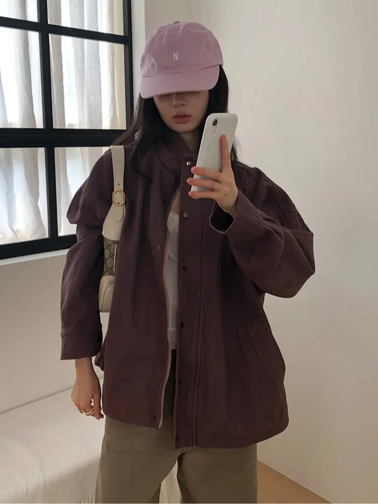 Retro Washed Long Sleeve Workwear Jacket Women's Loose Silhouette Zipper Jacket Top Korean Style Autumn New Arrival