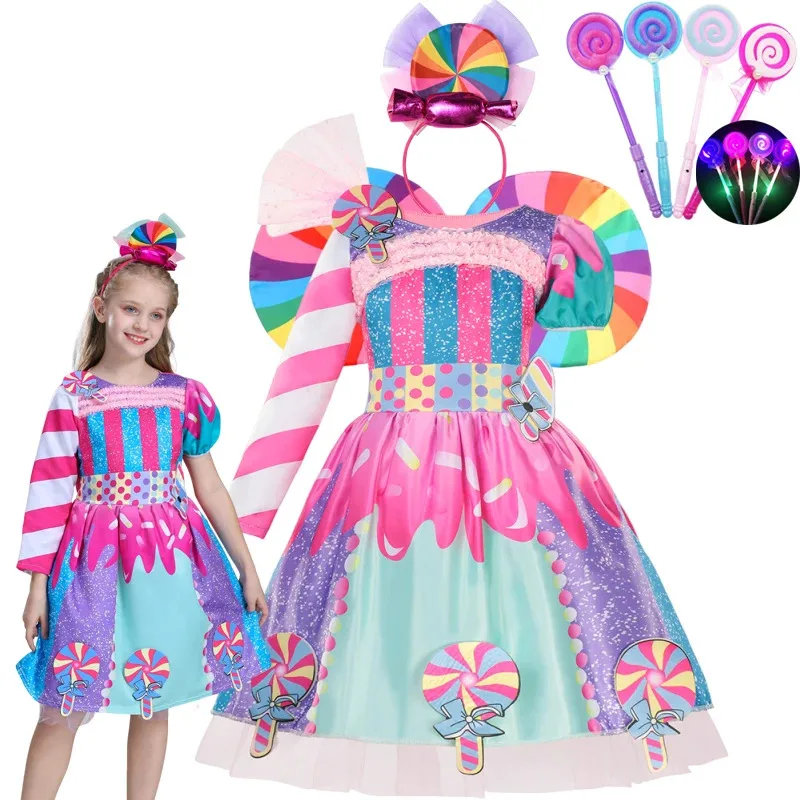 

2025 rainbow candy dress girls birthday party dress Purim kids fancy half long sleeve dress Carnival Christmas costume
