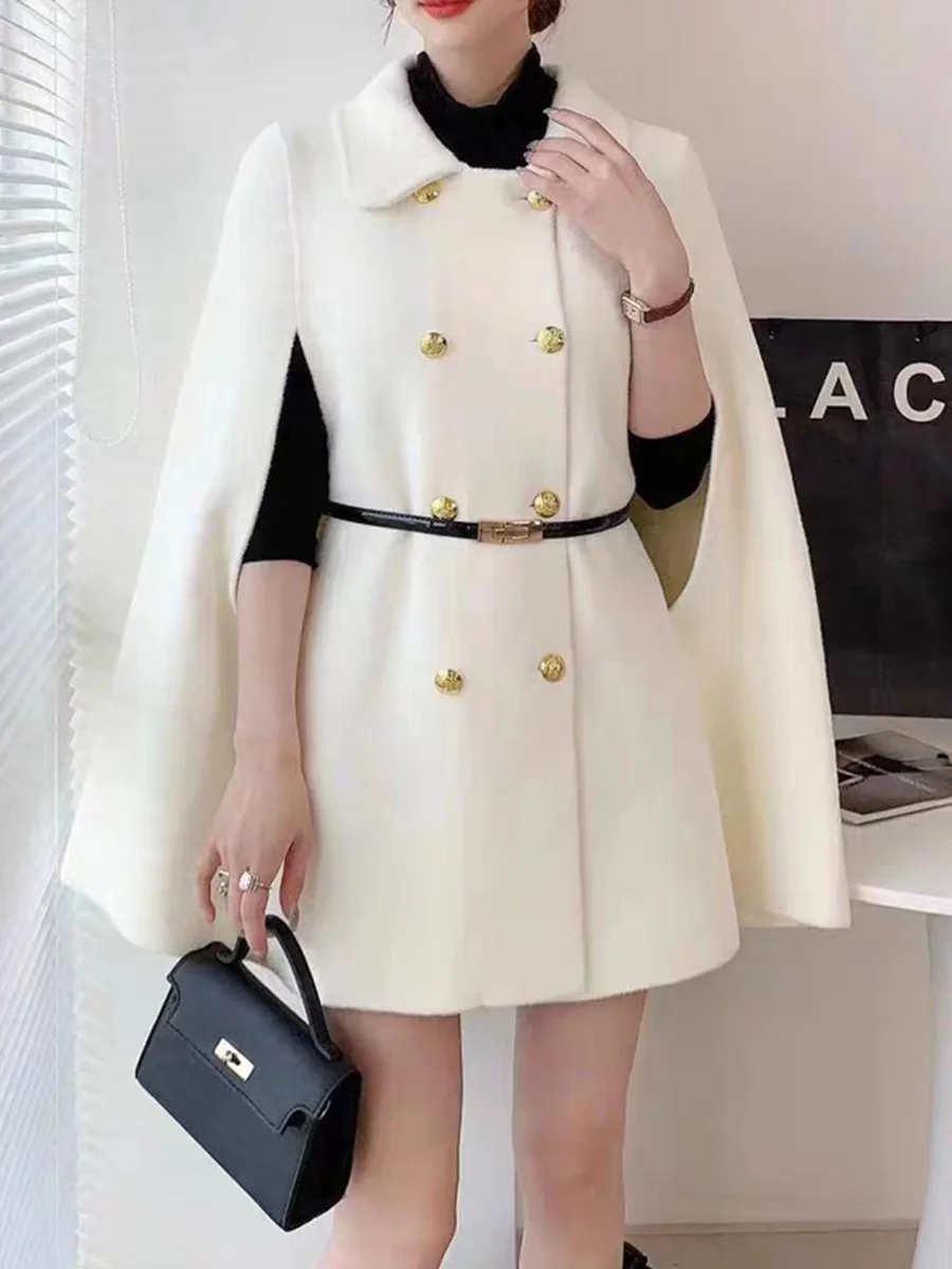 

Elegant Woolen Coat for Women 2025 Autumn Winter European Style Lapel Double Breasted Loose Casual Thick Warm Cape Cloak Jacket