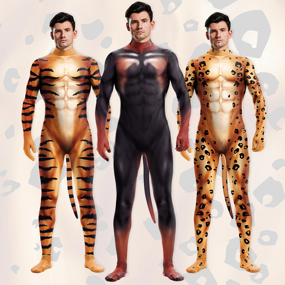 Fantasia Cosplay de Impressão Padrão Tigre para Homens, Bodysuit Manga Longa Macacão Festa de Halloween, Disfarce Animal, Roupas de Palco, Engraçado