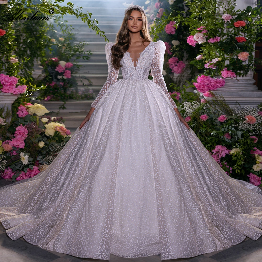 

Alonlivn Charming V-Neck Ball Gown Wedding Dress Bling Pearls Beauty Lace Puff Sleeves Princess Bridal Skirts