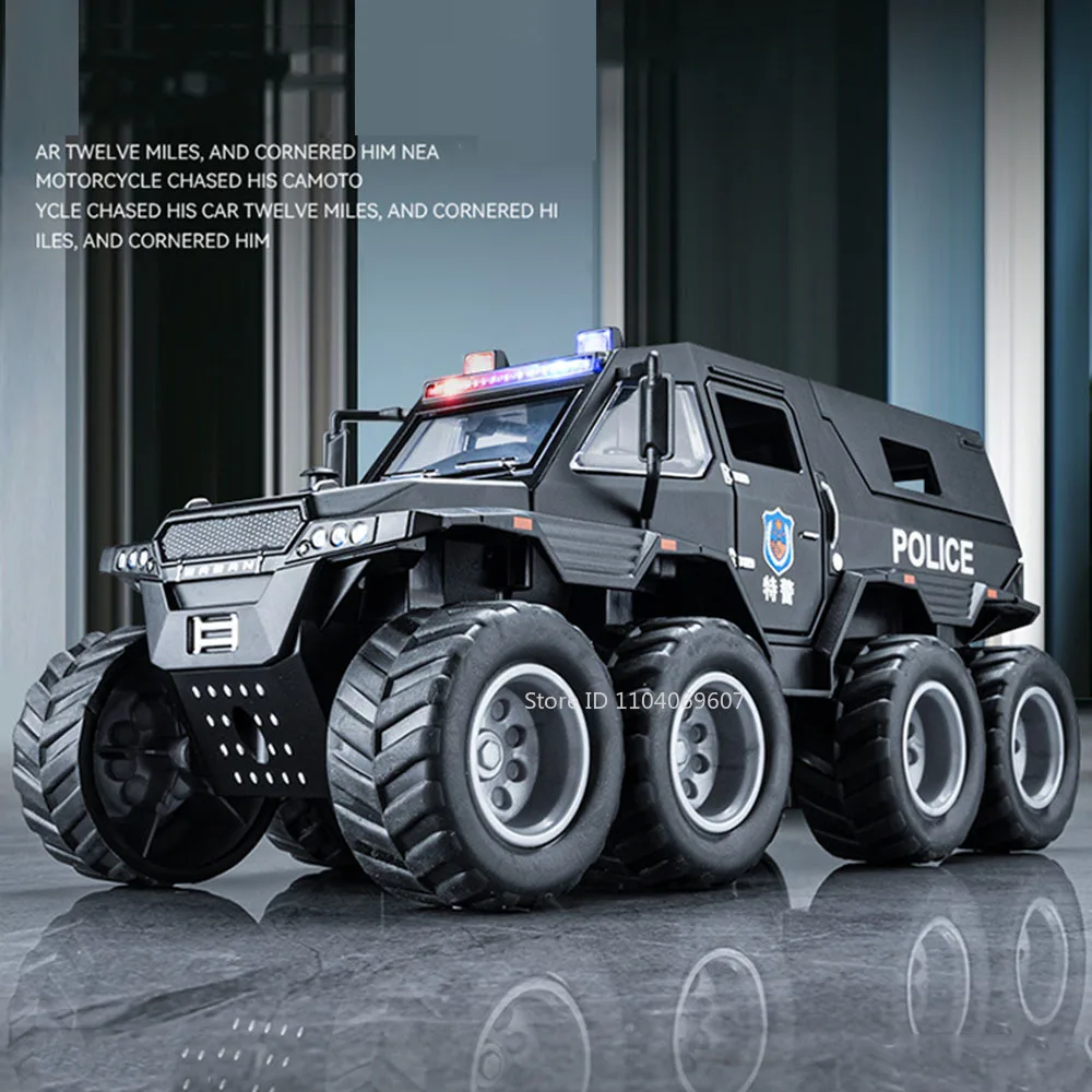 1:32 Shaman 8X8 Miniatur-Spielzeugautomodelle, Metalldruckguss, Geländewagen, Türen, geöffnet, Ton, Licht, zurückziehbares Fahrzeug, Geschenke für Jungen