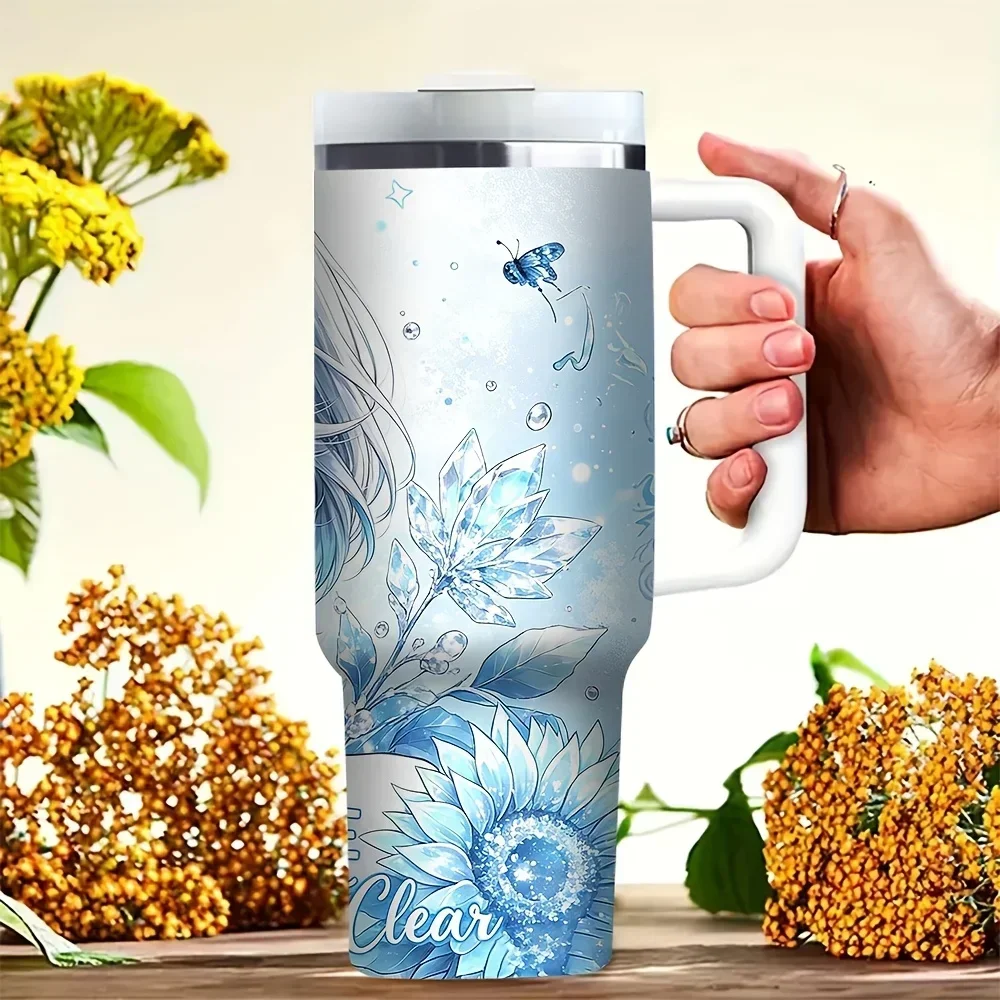 40oz Tumbler with Handle, Blue Anime Girl Butterfly Flower Print, Suitable for Women Daily Use, Ideal for Outdoor Travel Camping, Holds Both Hot And Cold Drinks