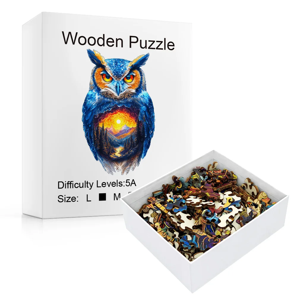 Wildlife Owl Wooden Puzzle, Embedded Mountain Sunset Artwork, Whimsy Pieces, Great For Home Display & Festival Present