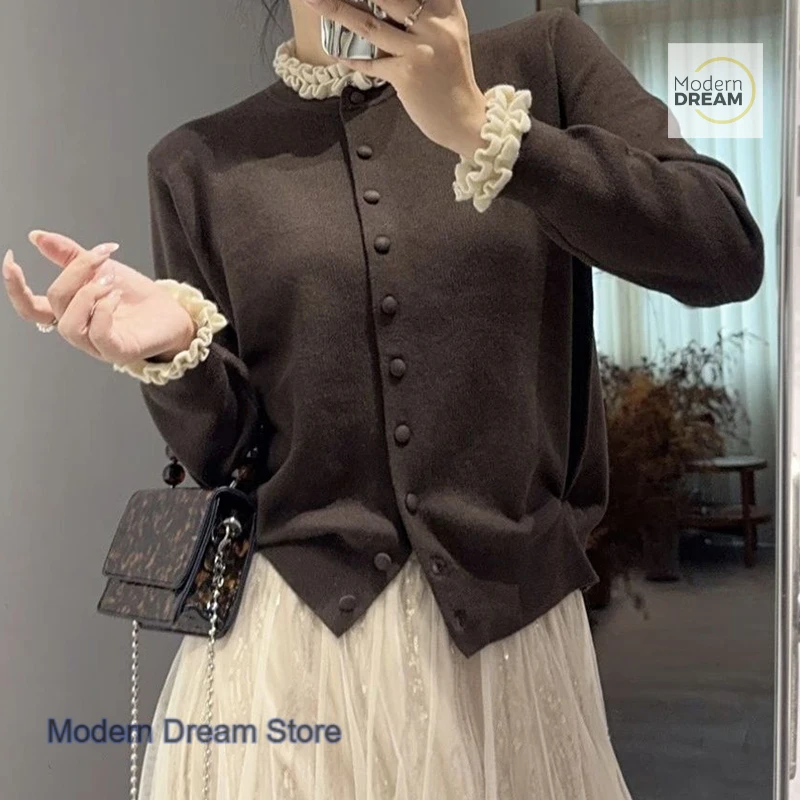 

Korean style solid color fungus lace knit cardigan women's autumn and winter new fashion design long sleeve sweater coat.