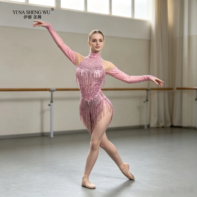 Sparkly Rhinestone Tassel Jazz Dance Show Leotard Spandex Long Sleeved Bodysuit Women's Sexy stage Performance Bodysuit