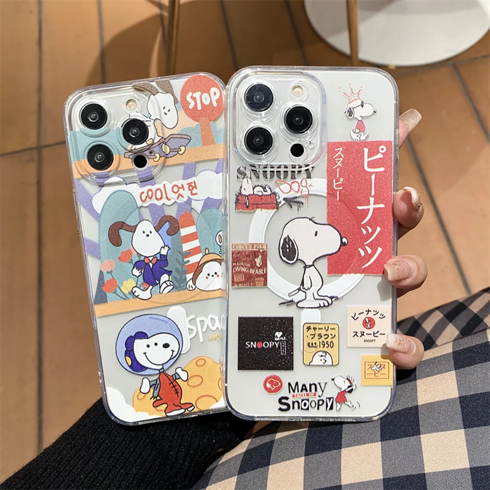 Cartoon Snoopies for Magsafe Magnetic Bracket Phone Case for IPhone 16 15 14 13 12 11 Pro Max Plus Anti-fall Clear Back Cover