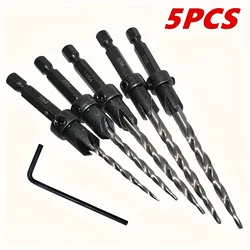 5pcs High-Speed Steel Countersink Drill Bit Set, Adjustable Tapered Hex Shank for Wood Milling - Single Item Packaging, Round Sh