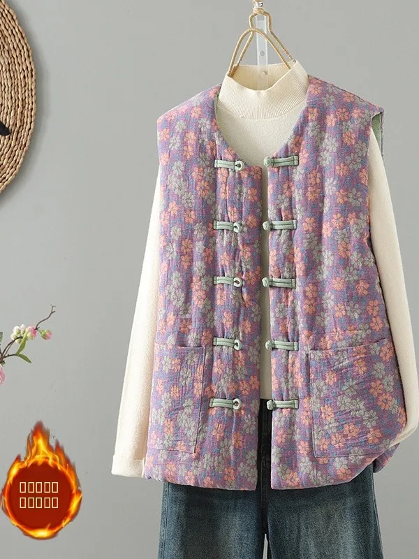 

Женский зимний теплый жилет большого размера на пуговицах, новый китайский стиль, свободный крой, с принтом, модная верхняя одежда