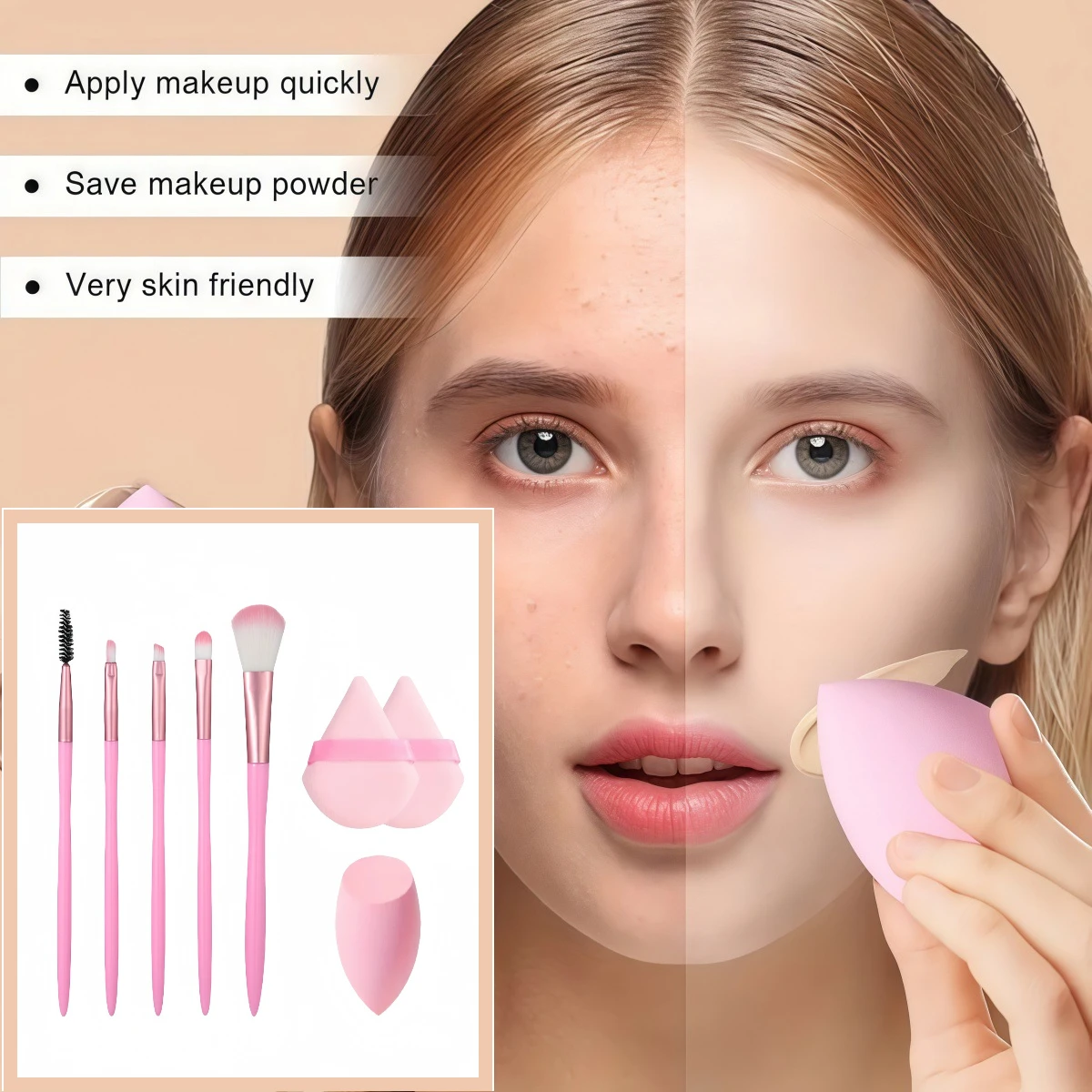 Professional Makeup Brush Kit 8 Pieces Including Foundation Blender and Powder Fan Sponge for Cosmetics