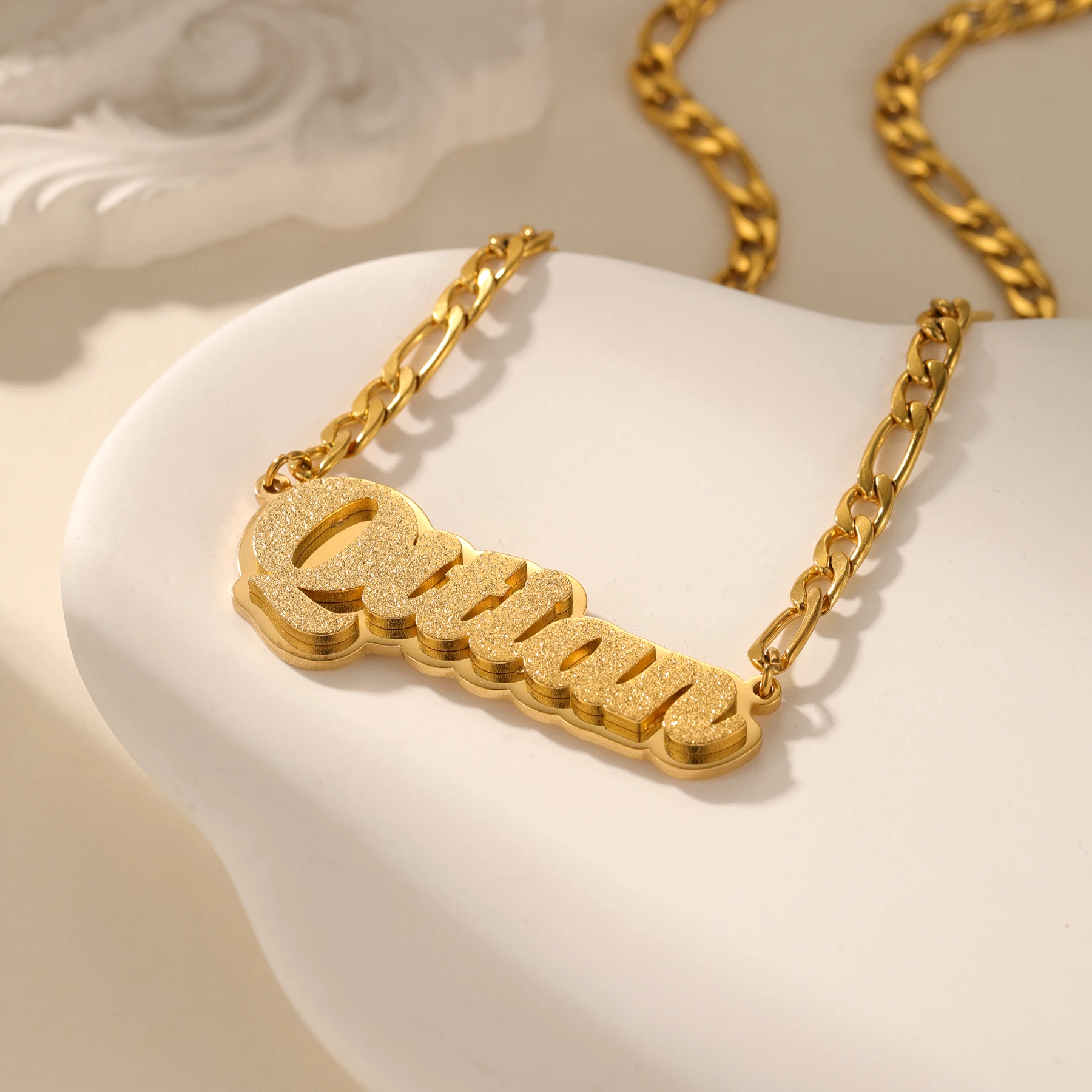 Personalized Double Layer Name Necklace for Women 18K Gold-Plated Stainless Steel Jewelry with Frosted Pendant Customizable Gift