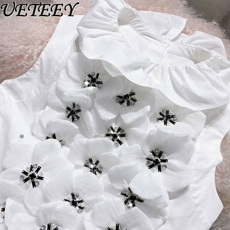 

Sweet Three-Dimensional Flower Rhinestone Ruffled White Blouse Women Kawaii Chic Beaded Sleeveless Bottoming Shirt Short Tops