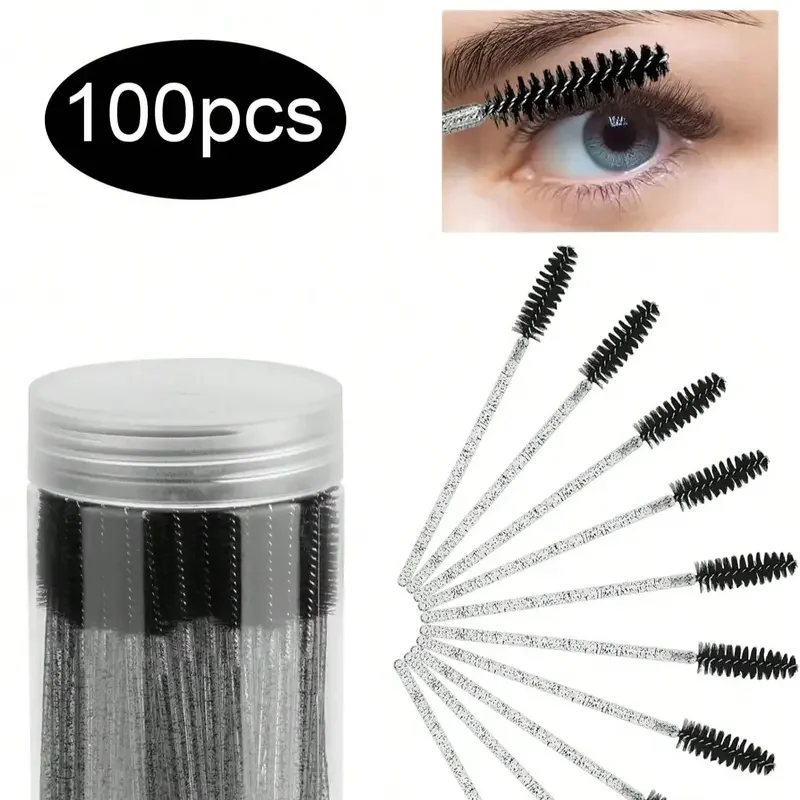 100pcs Disposable Mascara Brushes with Container, Mascara Wands Makeup Brushes Applicators Kits for Eyelash Extensions and Eyebrow Brush (Crystal Black)