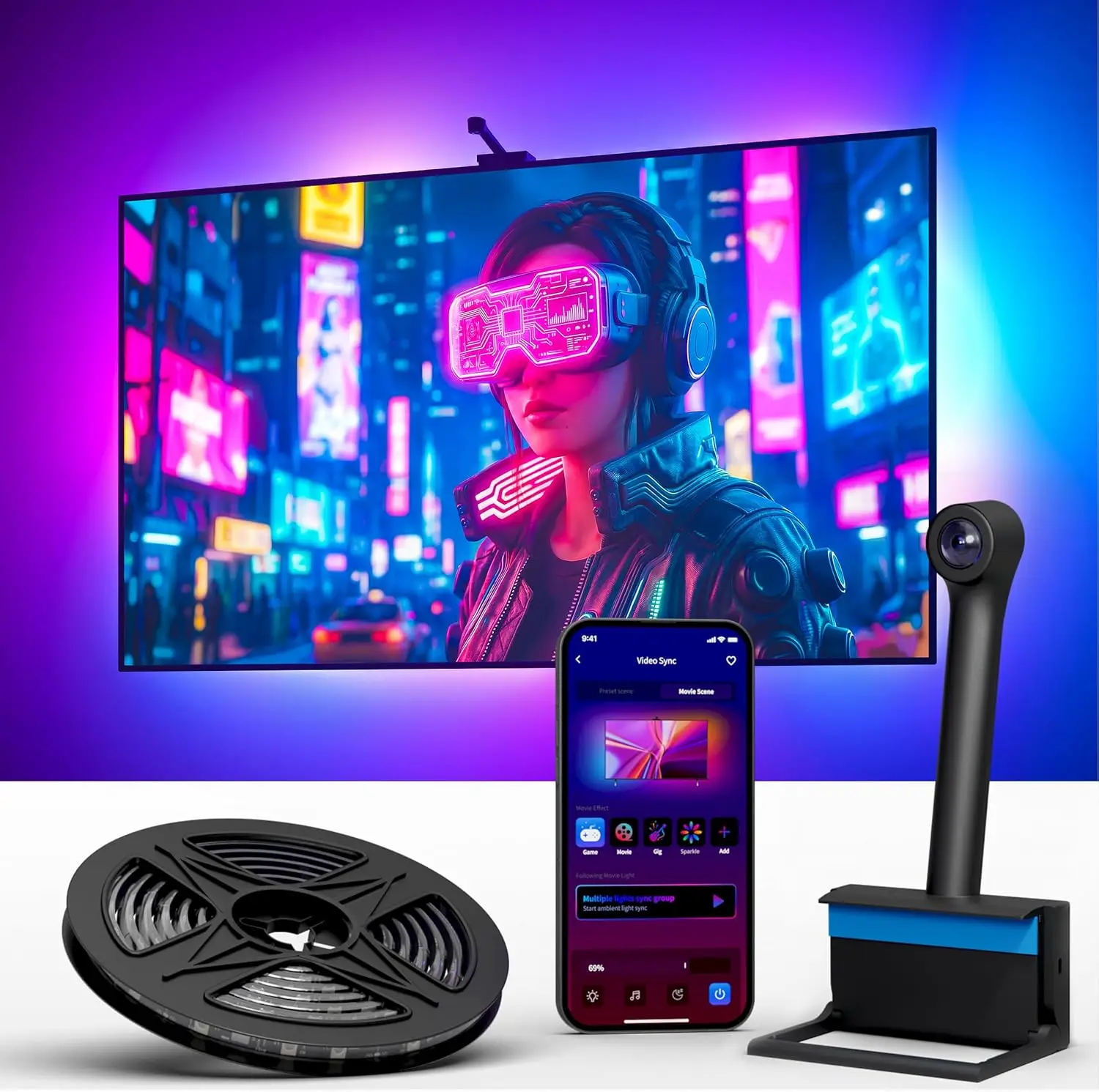 

Smart LED Backlight for 75-85 Inch TVs with Camera, Syncs to Screen & Music, Alexa/Google Assistant Compatible