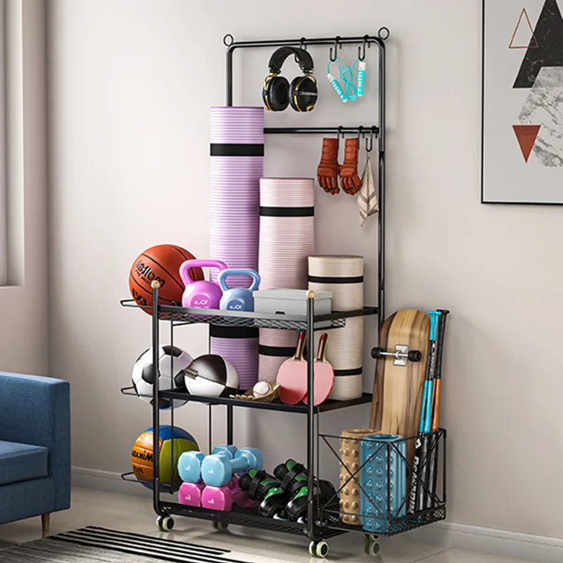 

Sports Equipment Storage Basket Yoga Mat Fitness Shelf Storage Rack with Roller