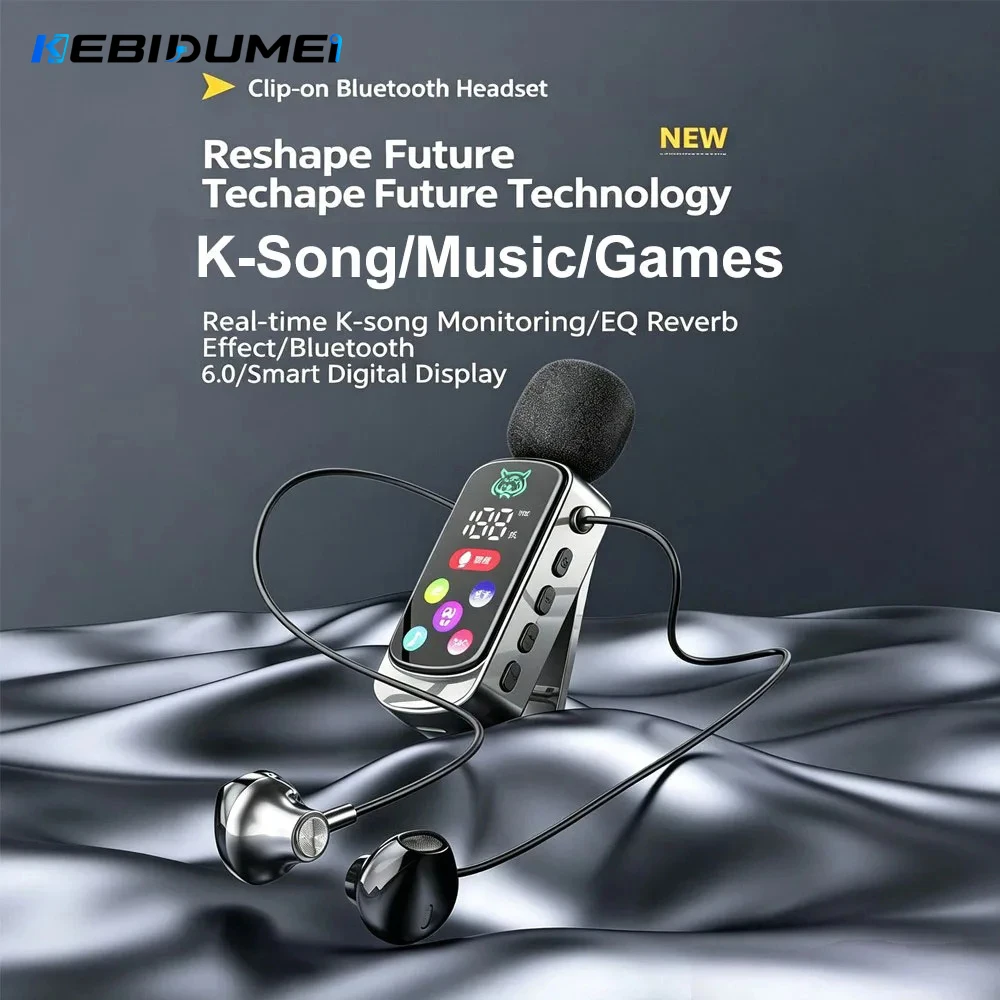 KEBIDUMEI Lavalier Bluetooth 6.0 Earphones Wireless Headphone Noise Cancelling K-Song Real-time Monitor Earbuds Support TF Card