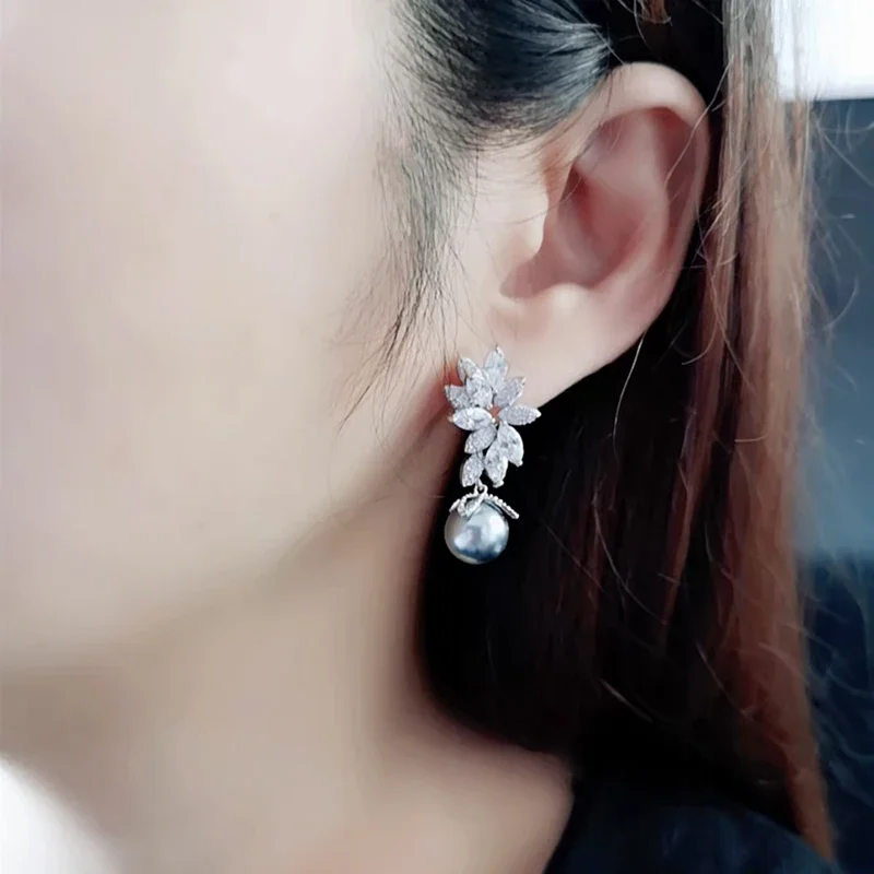 Luxury Multi Colored Imitation Pearl Dangle Earrings Leaf Design Aesthetic Earrings for Women Dazzling CZ Trendy Jewelry