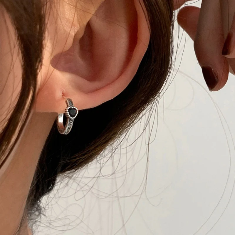 Foxanry Black Zircon Love Heart Stud Earrings For Women Girls Vintage Trendy Personality Temperament Hip Hop Birthday Jewelry