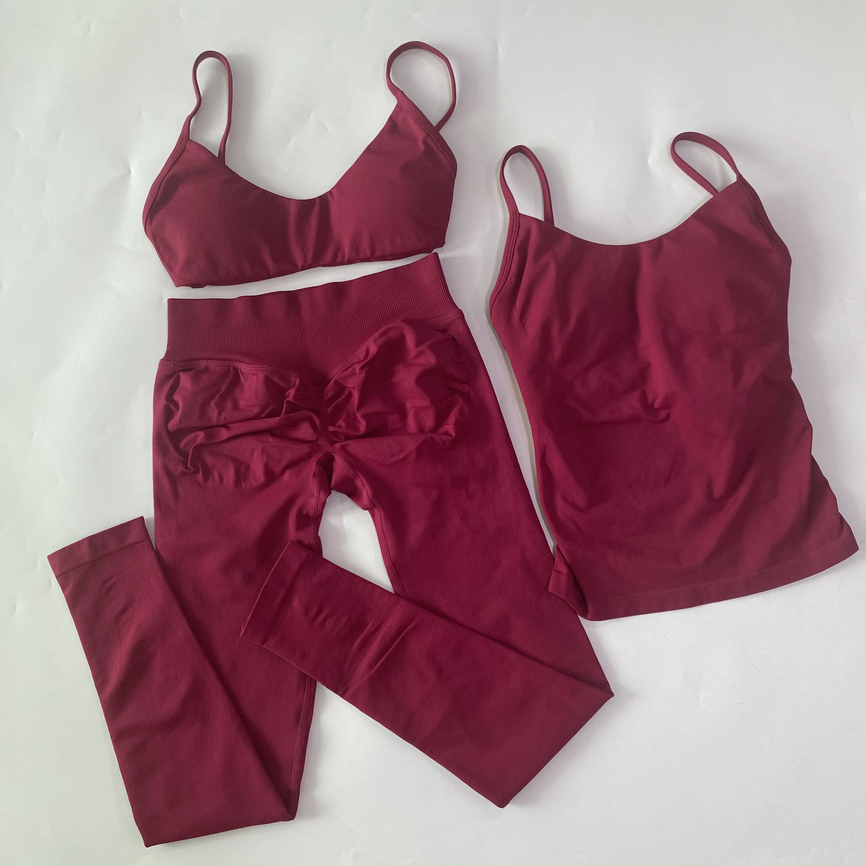 3-teiliges nahtloses Yoga-Set, Sport-BH, Top mit Rundhalsausschnitt, High-Waist-Leggings mit Po-Formung, Fitness-Workout-Sportanzug – Detail 14
