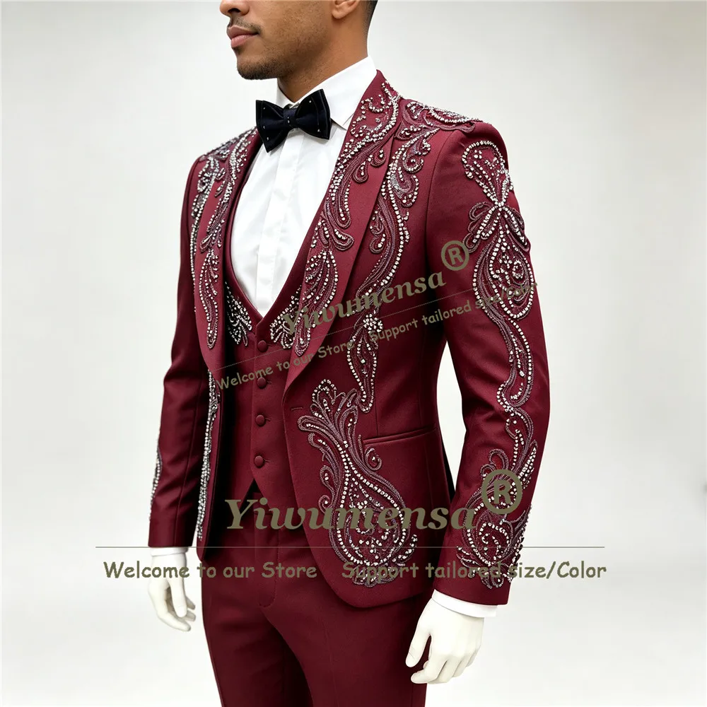 Handsome Groom Tuxedo Suit For Wedding Colorful Beading Stones Prom Blazer Vest Pants 3 Piece Sets Costumes Hommes Customized